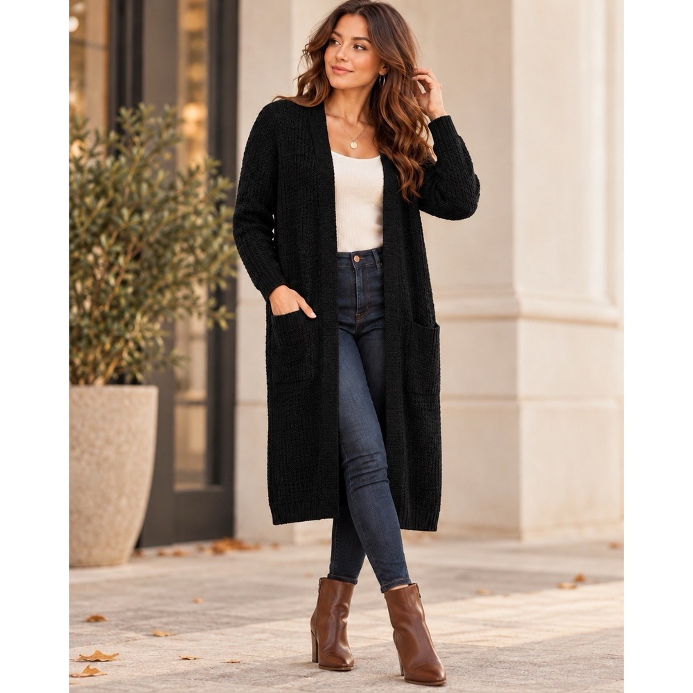 Women's Black Longline Cardigan Duster Open Front Textured Knit Pockets Size L